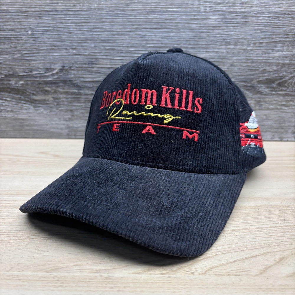 Boredom Kills Hat Cap Snap Back Black Corduroy Racing Car Embroidered Mens
